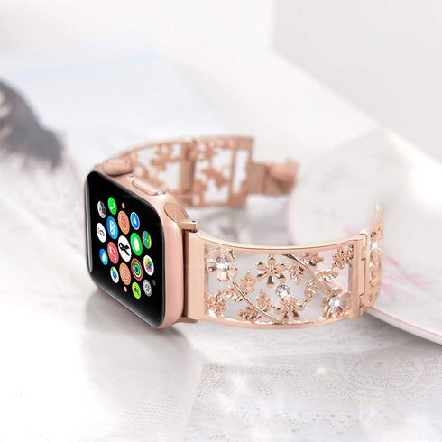 Floral Band Compatible with Apple Watch Jewelry Band 38mm 40mm 41mm 42mm iWatch Bands Series 10 9 8 7 SE,Bling Crystal Bracelet Hollow Metal Strap...