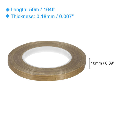 MECCANIXITY High Temperature Tape 10mm PTFE Coated Fabric Tape Heat Resistant Tape for Vacuum Sealers Adhesive Tape 50m/164ft Brown 0.18mm Thickne...