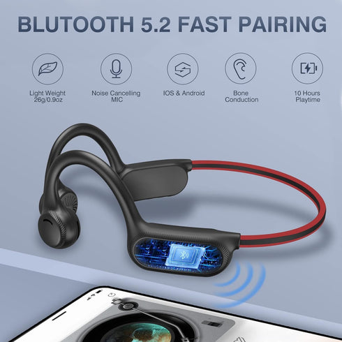 Bone Conduction Headphones with Noise-Canceling MIC, Bluetooth Waterproof Sport Headphones, Open Ear Stereo Headphones up to 10H Playtime, Wireles...