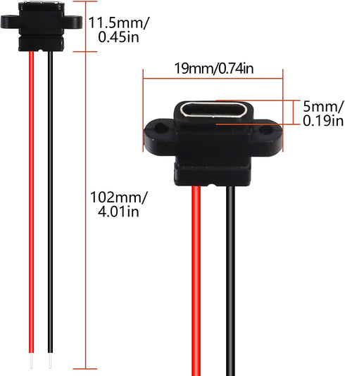 15PCS Type-C Female Chassis Waterproof Connector 2P Solder Wire Type USB C Pigtail Cable Extension Power Cable USB-C Plug to 2 Pin Bare Wire Open ...