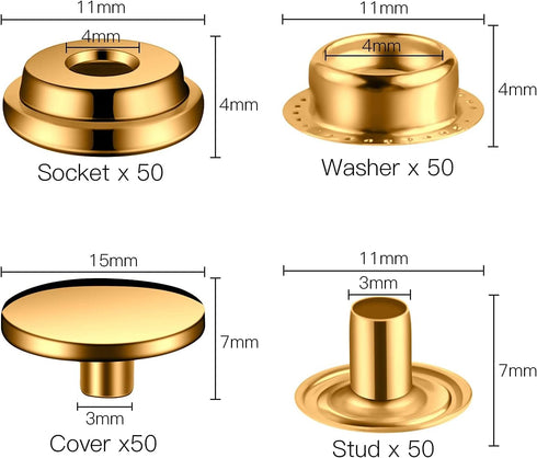 200 Pieces (50 Sets) Leather Snap and Fastener Kit Tool 5/8 inches (15mm) Snaps for Leather Fasteners Kit for Leather Stainless Snaps Button for B...