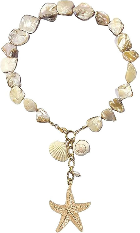 Irregular Pearl Choker for Women Summer Beach Shell Necklace Boho Conch Starfish Pendent Natural Freshwater Pearl Statement Necklace for Women...