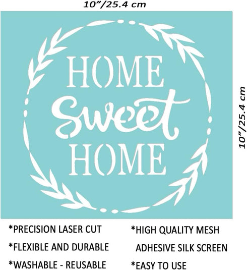 Silkscreen Stencil for Painting on Wood - 10x10 Inch Home Sweet Home Adhesive Mesh Transfer Stencils Template - Reusable Paint Stencil for Signs, ...