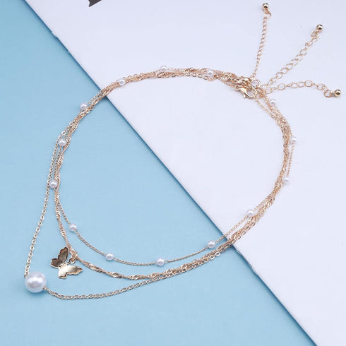 Bohemia Layering Necklace Choker Chain Gold Butterfly Pendant Necklace Chain Floating Pearl Choker Necklace Pearl Beads Necklace Jewelry for Women...