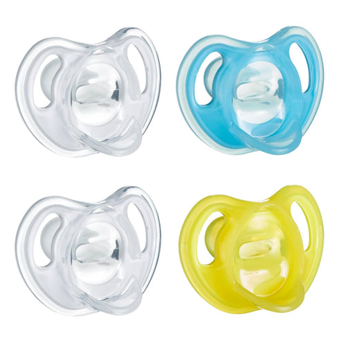 Tommee Tippee Ultra-Light Silicone Pacifier, 6-18 Months, Symmetrical One-Piece Design, BPA-Free Silicone Binkies, Clear/Blue/Yellow, Pack of 4...