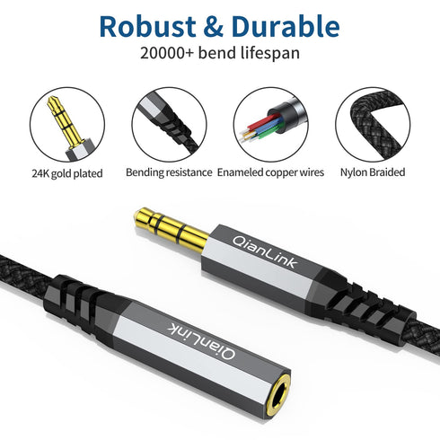 QianLink Headphone Extension Cable, (2-Pack, 6.6ft) 3.5mm Extension Audio Male to Female Aux Adapter Hi-Fi Sound Stereo Extender TRS Cord for Head...