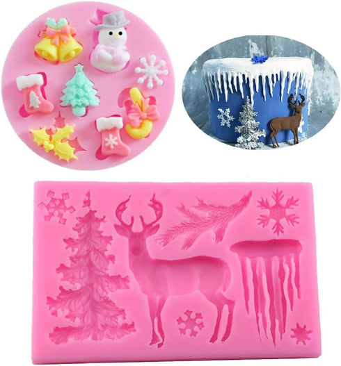 2Pcs/Set Christmas Tree Santa Claus Reindeer Xmas Tree Elk Bell Snowflake Snowman Socks Silicone Mold for DIY Chocolate Candy Fondant Cake Decor W...