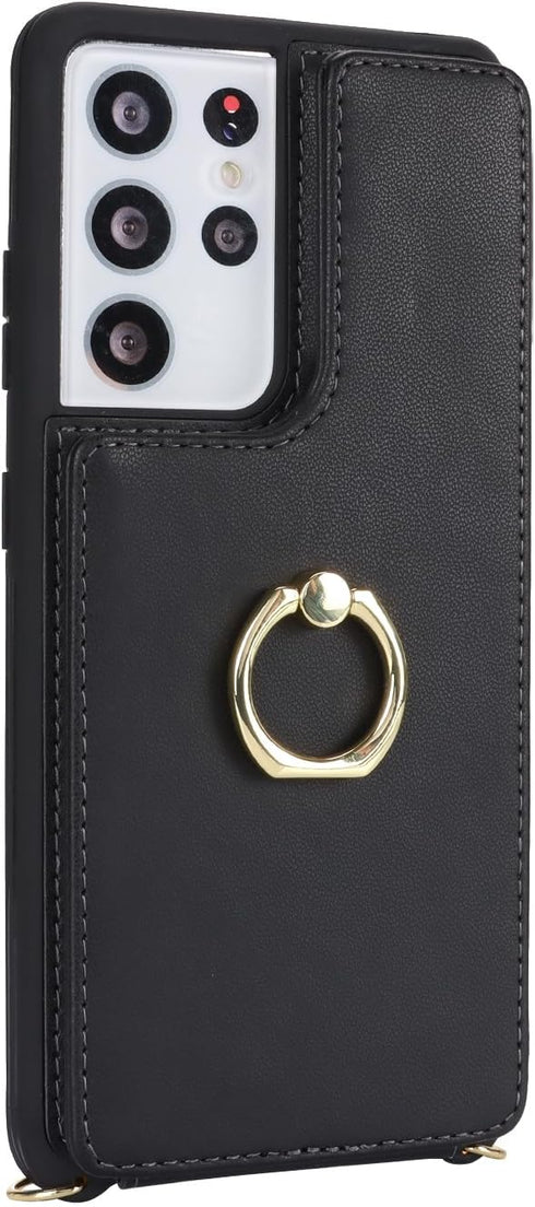 for Samsung Galaxy S21 Ultra Case with Card Holder and Strap for Women,Crossbody Lanyard,Ring Stand,Snap Clasp,Phone Wallet Cases 6.8 inch(Black)....