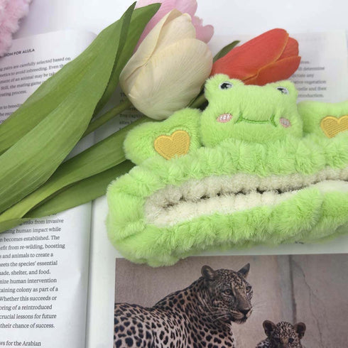 Cute Kawaii Spa Headband Green Frog headband for Women's Skincare, Makeup and Washing - Soft Microfiber Coral Fluffy Towel Headbands for Girls' Ha...