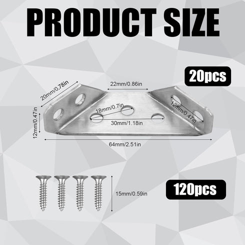20pcs Corner Bracket, Stainless Steel Furniture Corner Connectors with 120 Iron Screws Furniture Triangle Support Frame Corner Fastener Brace Angl...