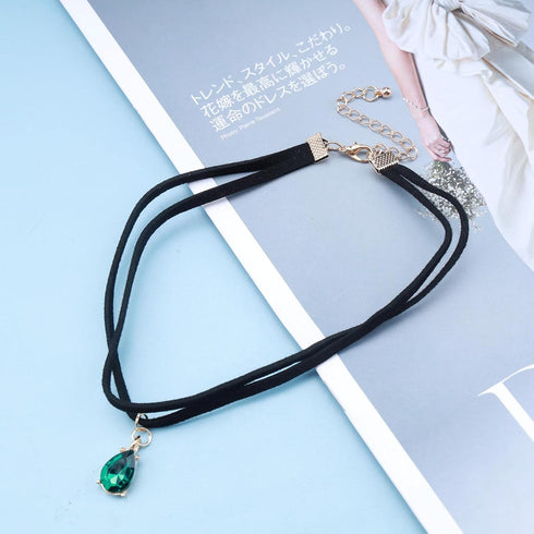 Vintage Layered Suede Choker Necklace Green Teardrop Clavicle Necklace Black Velvet Choker Necklace Cz Emerald Pendant Necklace Collar Jewelry for...