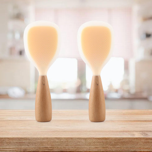 2 Pack Silicone Rice Paddle Spoon with Wood Handle, Nonstick Standing Rice Cooker Spatula Kitchen Tool...