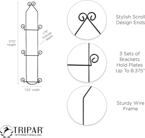 TRIPAR Vertical Wall Plate Rack, Black Display (3 Tiers) - Lightweight & Durable - Contains 3 Non-Adjustable Brackets - Elegantly Display Plates, ...