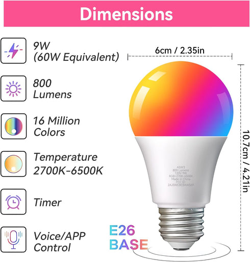TJOY 6 Pack Smart Light Bulbs, Bluetooth WiFi Led Bulb Work with Alexa&Google Assistant, RGB Color Changing Bulbs, Music Sync, 9W(60W Equivalent),...