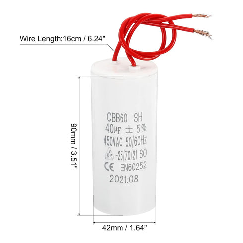 PATIKIL CBB60 40uF Running Capacitor,1Pcs AC 450V 50/60Hz Cylinder Bottom with 2 Wires 16cm for Washing Machine,Water Pump Motor Star,1.64 x 3.51i...