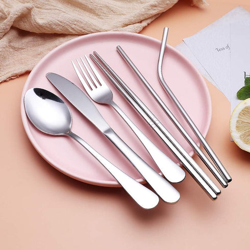 Portable Stainless Steel Flatware Set, Travel Camping Cutlery Set, Portable Utensil Travel Silverware Dinnerware Set with a Waterproof Case (Silve...