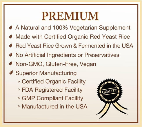 Certified Organic Red Yeast Rice Supplement - 120 Capsules, 2 Month Supply...