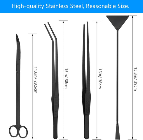 Aquarium Aquascape Tools Kit 15in, 4 in 1 Anti-Rust Aquatic Plant Aquascaping Tool Stainless Steel Silver Tweezers Scissor Spatula for Aquarium Ta...
