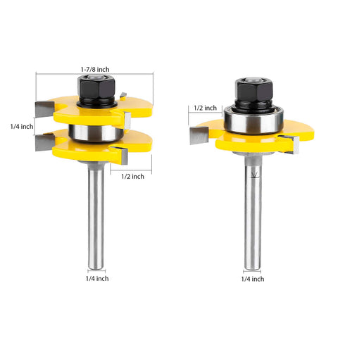 KOWOOD Tongue and Groove Set of 2 Pieces 1/4 Inch Shank Router Bit 3 Teeth Adjustable T Shape Wood Milling Cutter...