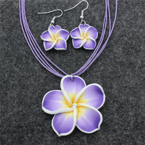 Hawaiian Colorful Plumeria Flower Necklace Earrings Set - Tropical Beach Party Accessories for Women Vacation Luau Events Jewelry...