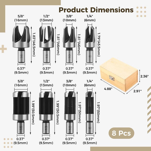 Homaisson 8 Pcs Wood Plug Cutters, 1/4, 3/8, 1/2, 5/8 Drill Bit Set with Wooden Box, Straight and Tapered Cutting Tools for Woodworking, Carbon St...