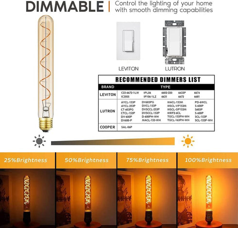 Leools Vintage LED Spiral Filament Bulb T10, 8.9inch Long Tubular Dimmable Edison Light Bulbs,E26 Base,Amber Glass,Warm White,2200K, 400LM(40W Equ...