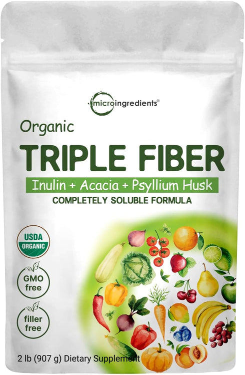 Organic Soluble Prebiotics Fiber Supplement (Inulin, Acacia, Psyllium Husk), 2 Pounds, 3 in 1 Fiber Formula, Daily Fiber, Unflavored, for Digestiv...