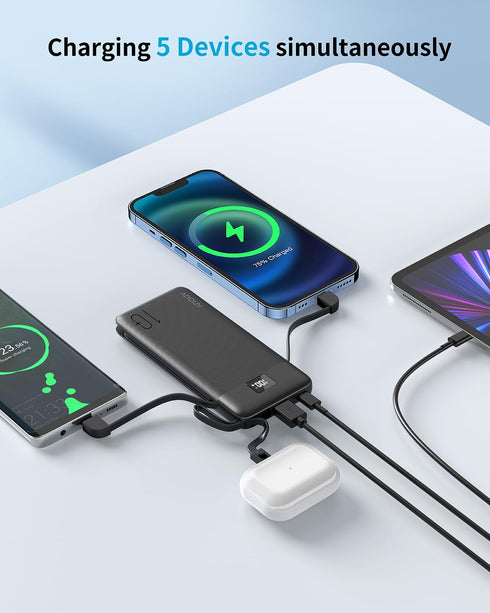 Portable Charger with Built-in Cables&AC Wall Plug,10000mAh Power Bank,PD 22.5W USB-C Fast Charging External Battery Pack with LED Display Compati...