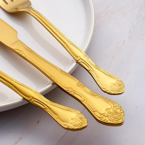Matte Gold Dinner Spoons, FULLYWARE Stainless Steel Satin Finish Soup Spoon Table Spoon Set of 6, Rose Pattern Design, Dishwasher Safe...