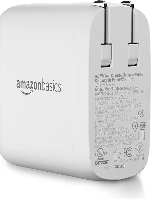 Amazon Basics 68W Two-Port GaN Wall Charger with 1 USB-C (60W) & 1 USB-A Ports (18W) with PD for Laptops, Tablets & Phones (iPhone 15/14/13/12/11/...