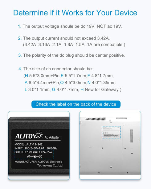 ALITOVE 19V 3.42A Universal Laptop Charger 2.53A 2.1A Monitor Power Supply Cord 65W 48W 40W for HP LG Monitor Samsung TV Acer Chromebook Toshiba S...
