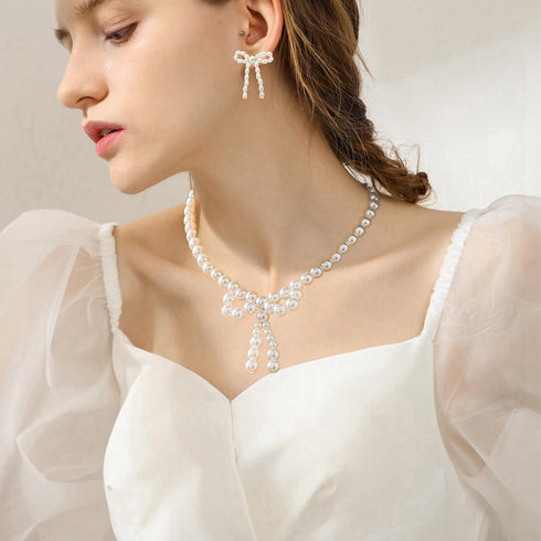 3PCS Silver Pearl Bow Necklace Bow Stud Earrings Jewelry Set for Women,Cute Bowknot Pearl Choker Necklace Stud Drop Earrings Bow Bracelet Set Gift...