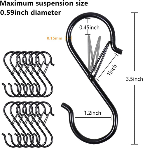 6 S-Hooks with Safety Clasps, Rustproof Coated S Metal Hooks for Hanging Plants, Kitchen Utensils, Jeans, Bags, Pots and Pans, 3.5-Inch, Black...