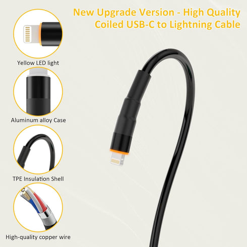 Coiled USB-C to Lightning Cable, Apple Carplay Cord Compatible & MFi Certified, USB C to Lightning Cable with Data Transmission and LED, Retractab...