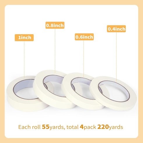 4 Pack Masking Tape, White Painters Tape, Artist Tape for Wall, Painting, Home, Office, School Stationery, Arts, Crafts 0.4" 0.6" 0.8” 1” x 55yds,...