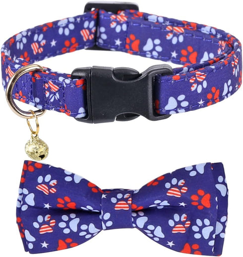 American Flag Dog Collar with Removable Cute Bow Tie Adjustable Patriotic 4th of July Pet Collars Independence Day Large...