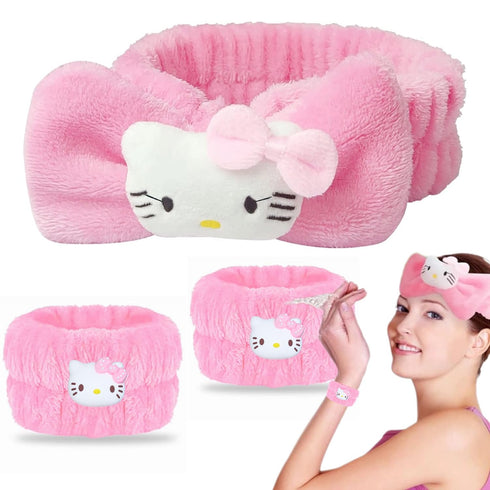 Skincare Headband Spa Headband and Wristband Set for Washing Face Kawaii Kitty Pink Cute Bubble Makeup Headband Kit for Women Knotted Bow Kawaii S...