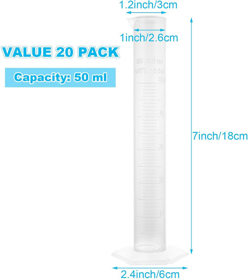 20 Pack 50 ml Graduated Cylinder Set Plastic Graduated Cylinder for Hydrometer Test Tubes Clear Lab Cylinders with Raised Marking & Spout Measurin...