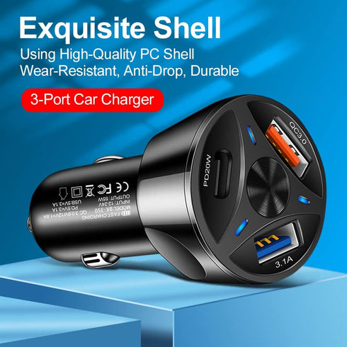 Portable USB Car Charger 3-Port Fast Charge,PD20W/3.1A/QC3.0 Car Charger Adapter USB Charger Compatible for iPhone 14 Pro MAX/13 MacBook Pro iPad ...