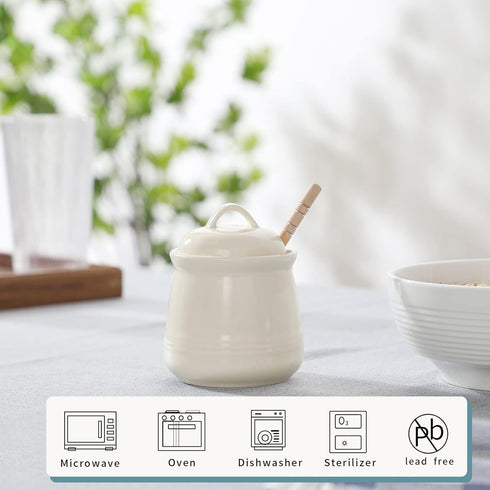 HAOTOP Ceramic Honey pot with Lid and Honey Dipper,Porcelain Honey Jar Easy to Clean and Dishwasher Safe,12oz (Beige)...