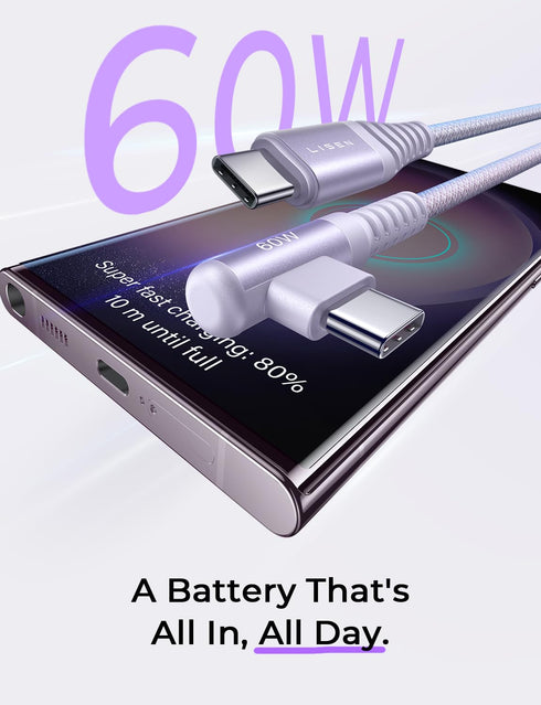 LISEN USB C to USB C Cable (6ft, 2 Pack), (60W/3A) USB C Charger Cable Fast Charge Right Angle Compatible with Samsung S23 S22 S21 Note 20 Ultra, ...