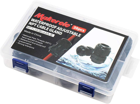 MAKERELE NPT Cable Glands Kit Waterproof Adjustable Nylon 1/4” 3/8” 1/2” 3/4” Plastic Strain Relief Cord Connectors 38pcs Black With Gaskets...