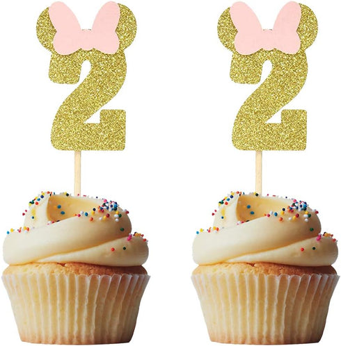 Morndew 24 PCS Gold Pink Glitter Number 2 Cupcake Toppers for Baby Girl Second Birthday Party Wedding Party Decorations...
