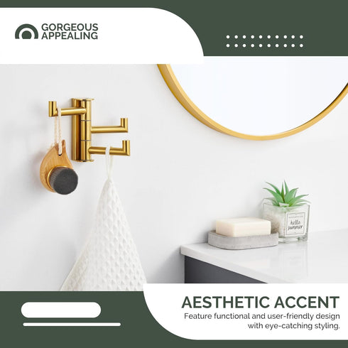 Angle Simple 3 Arms Towel Hook Brushed Gold, 304 Stainless Steel Swivel Triple Towel Holder, Folding Bathroom Hook, Wall Mount...
