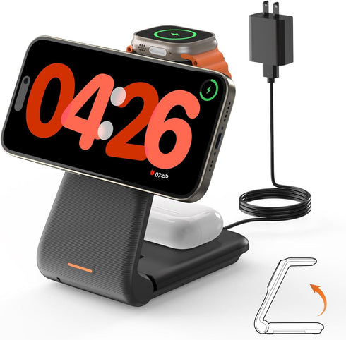 Wireless Charger for Magsafe iPhone Stand: GEEKERA Foldable Magnetic 3 in 1 Charging Station Dock for Apple Watch Ultra/SE/9/8/7/6/5/4/3/2, iPhone...