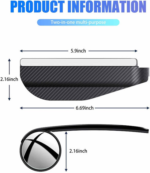 2 PCS Car Rearview Blind Spot Mirror Rain Eyebrow Integrated, 2-in-1 Carbon Fiber Rain Eyebrow Reflective Protection Shield, Adjustable Expanded V...