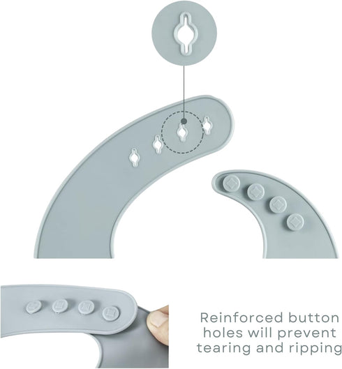 Set of 3 silicone baby bibs | Waterproof, easy to clean, BPA free, soft and adjustable | Nice combination of beige, grey and ochre colors...