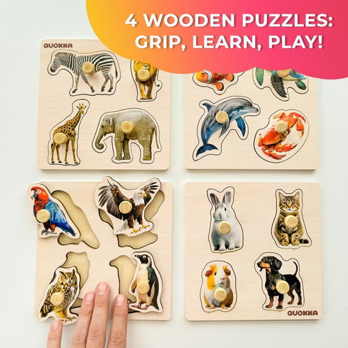 QUOKKA Wooden Puzzles for Toddlers 1-3 – 4 Set Pegged Puzzles for Kids Ages 2-4 – Animal and Birds Learning Toy for Kids – Gift Realistic Educatio...