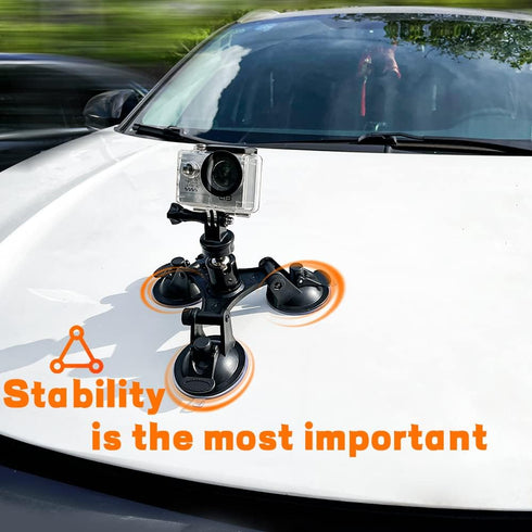 Triple Suction Cup Mount Holder Action Camera Car Windshield Mount with 1/4 Threaded Head 360 Degree Tripod Ball Head Mount & Screw for Gopro, DJI...