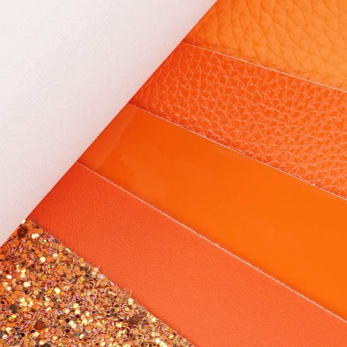 6 Pieces/Set 8x12 Inch (21cmx30cm) Faux Leather Sheets Mixed Orange Series Chunky Fine Glitter Patent Metallic Litchi Skin Texture Faux Leather Fa...